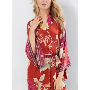 Natori Auburn Floral Robe Satin Red Orange Print Pockets Tie Waist Kimono Size S